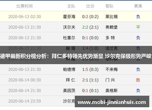 德甲最新积分榜分析：拜仁多特领先优势渐显 沙尔克保级形势严峻